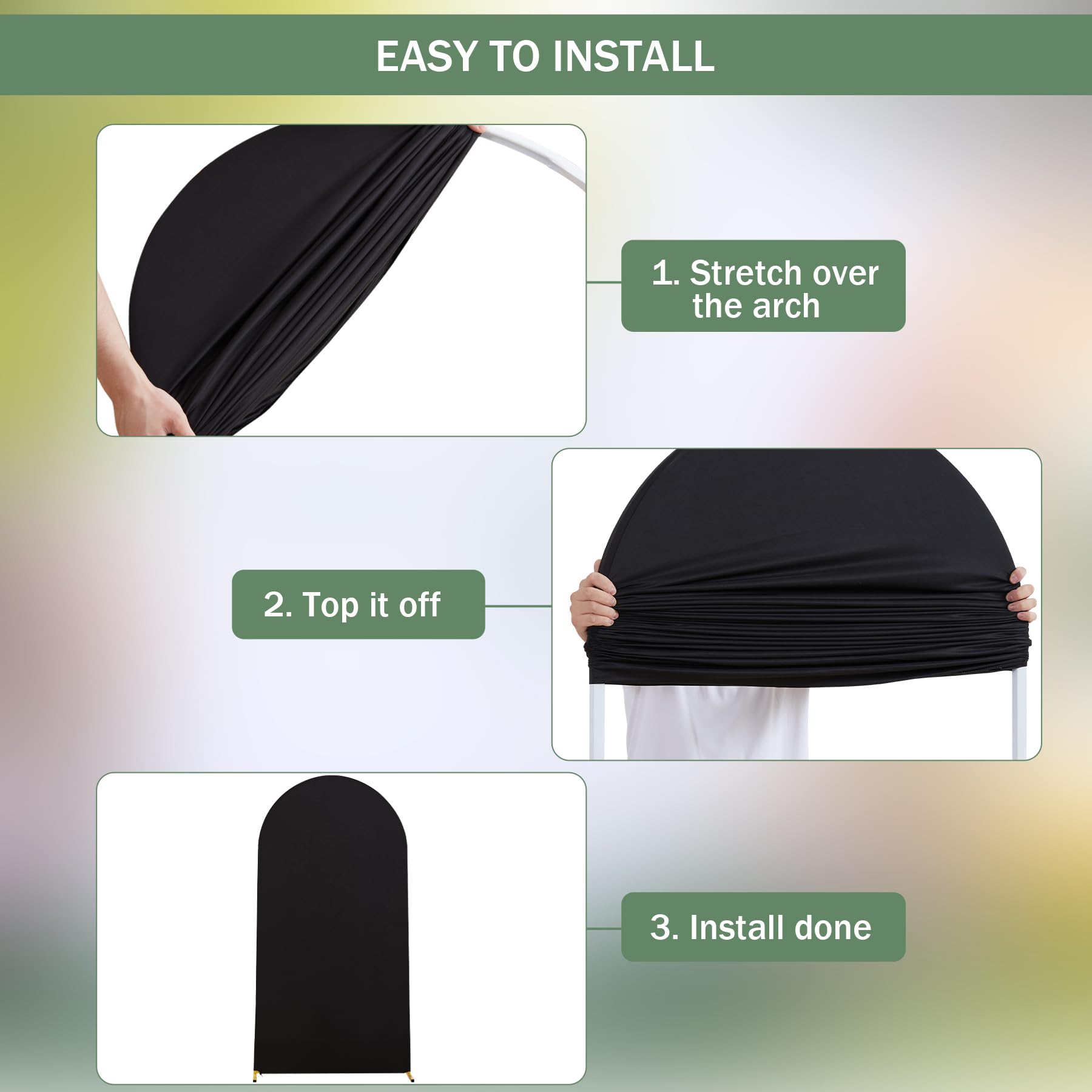 FOTSHARER Set Of 3 Black Spandex Wedding Arch Covers - 4FT, 5FT, 6FT Sizes, 2-Sided