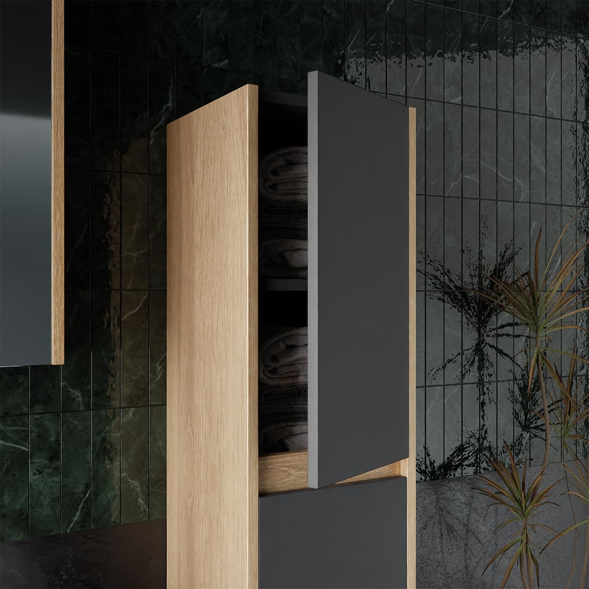 Karen Ensemble Meuble Salle de Bain 80 cm Dallas – Set 4 pièces en chêne & Anthracite, Meuble sous-Vasque Suspendu avec lavabo, Armoire Miroir et Colonne de Rangement