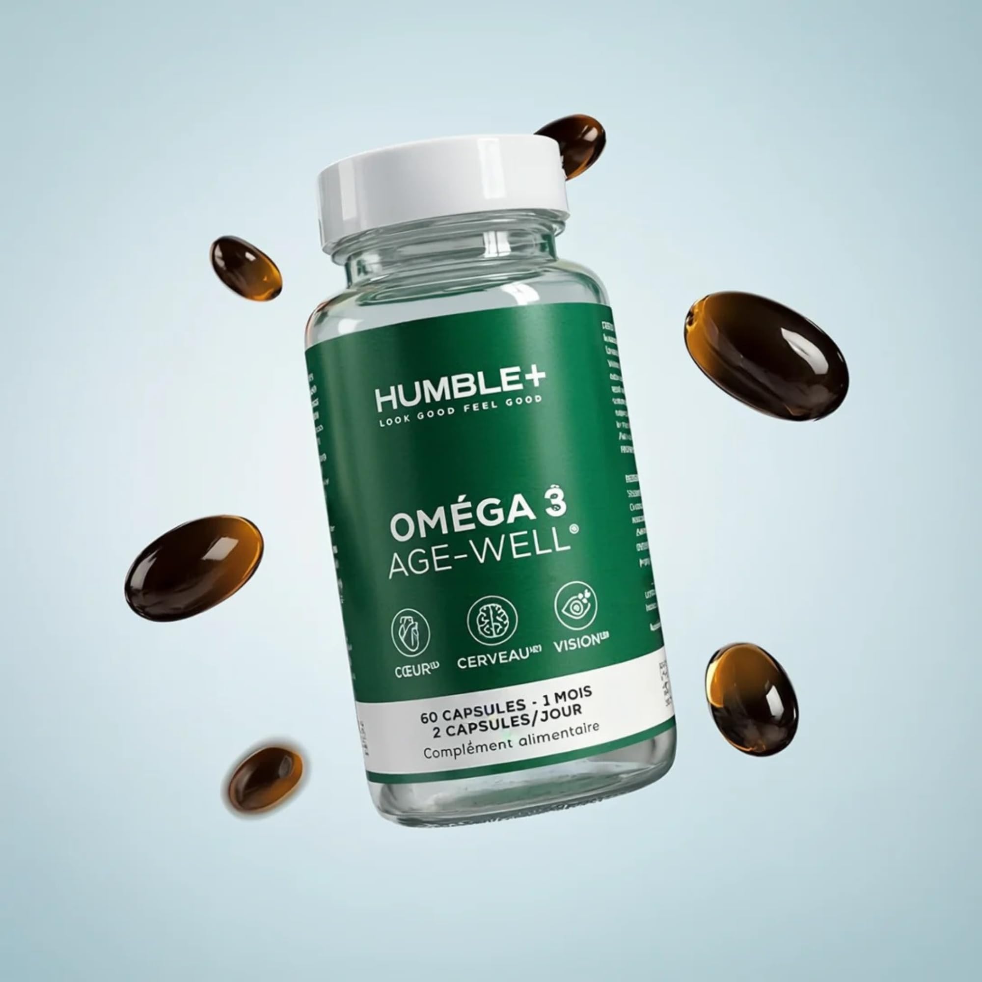 HUMBLE+ Oméga-3 Age-Well® - EPA & DHA Concentrés - Huiles Marines Purifiées de Poisson et de Krill - Cœur, Fonction Cérébrale et Vision - 60 Capsules - Marque Française