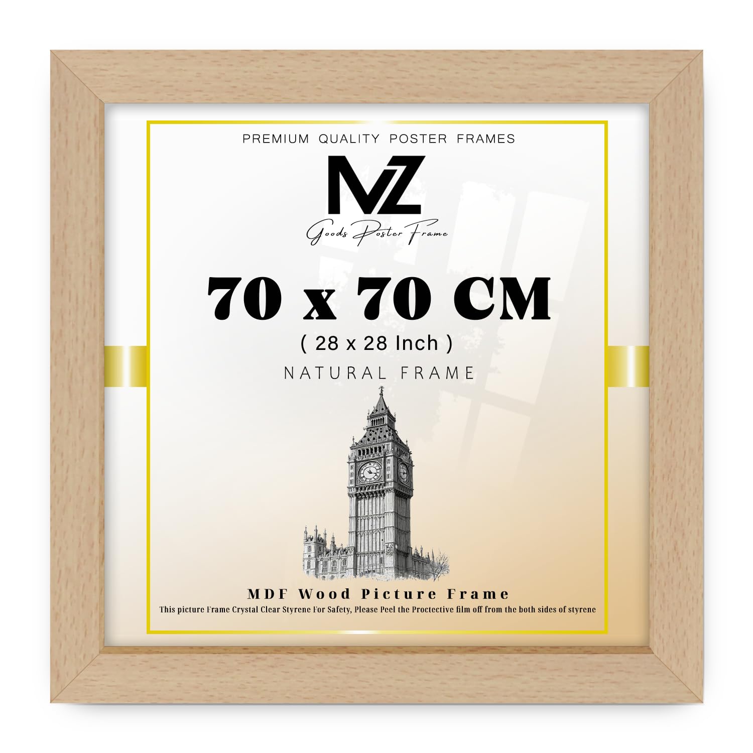 MZ GOODS | MDF Poster Frame (70 x 70 CM) 70 for Art, Portrait & Wall Gallery, MDF Wood Finish, Comes with Easy Hanging Hooks [ Beech ]