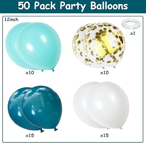 Miniatura 2 de Globos de color verde azulado y blanco turquesa Tiffany azul aguamarina y blanco globos de látex de confeti dorado azul pastel oscuro azul pavo real