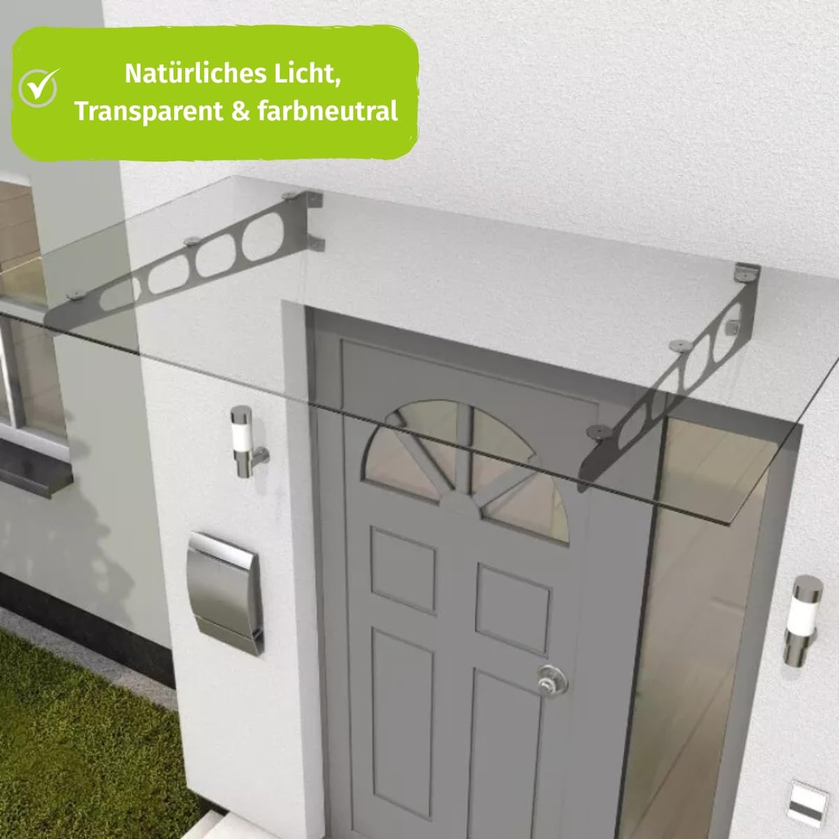 HORI stilvolles Vordach für Haustür - Sicherheitsglas mit Edelstahl Rahmen - wetterfeste Überdachung für Eingangstür - mit UV-Schutz & Regenschutz - pflegeleicht & langlebig - 140 x 90 x 16 cm