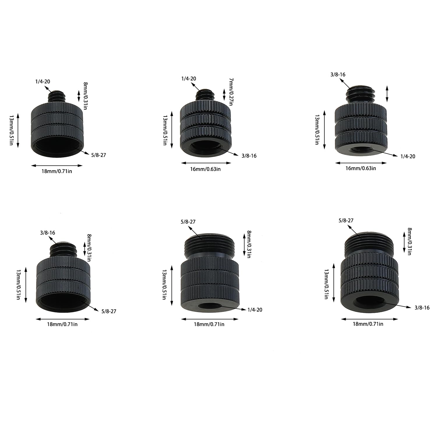 ZZHXSM 6-Piece Microphone Stand Adapter Set Black Aluminum Alloy Camera Stand Adapter Microphone Screw Adapter Microphone Thread Adapter Compatible with All Types of Tripod Microphone Camera Stands