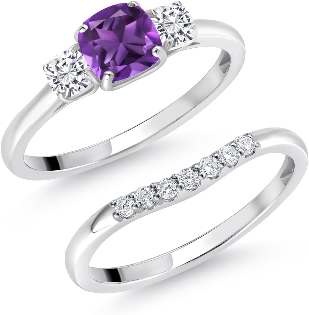 Gem Stone King 10K White Gold Purple Amethyst White Moissanite and Lab Grown Diamond 3 Stone Bridal Engagement Wedding Ring Set For Women (0.88 Cttw, 5MM and 3MM Cushion, Sizes 5, 6, 7, 8, 9)