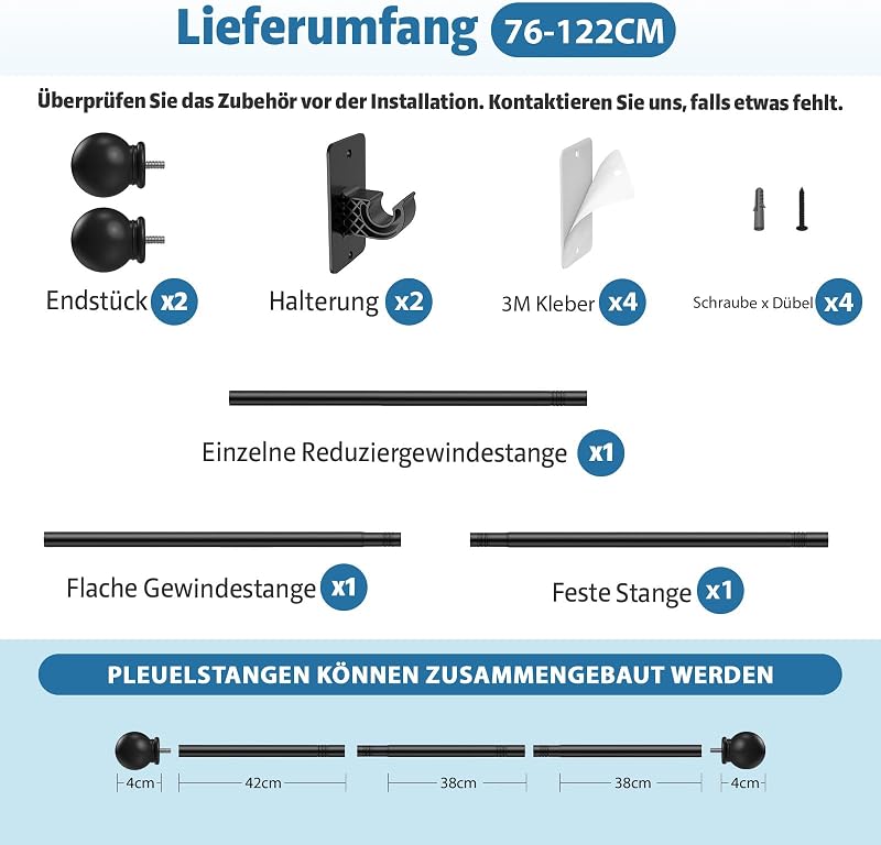 TRAROD Fúrás Nélküli Függönyrúd 76-122 cm Matt Fekete 16 mm Teleszkópos