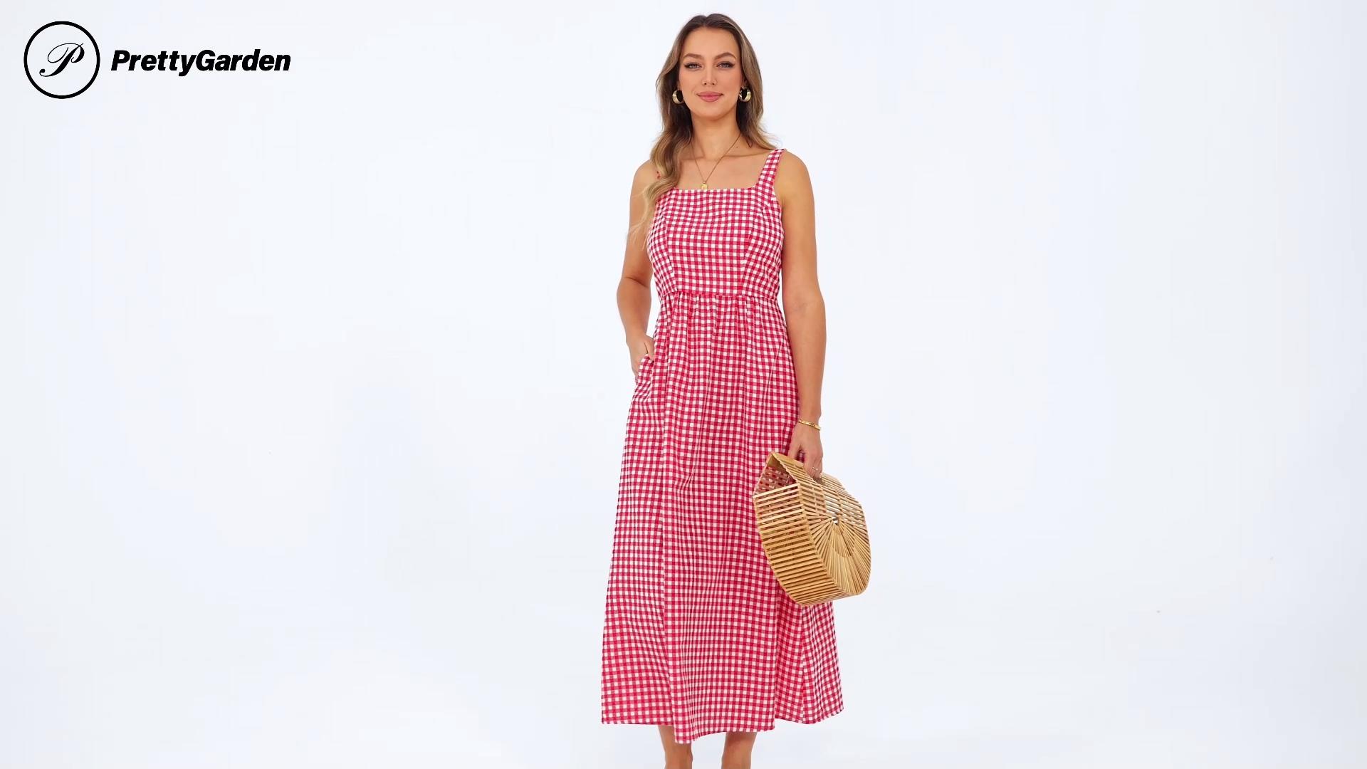 PRETTYGARDEN Women's 2026 Summer Spaghetti Strap Maxi Dresses Plaid Square  Neck A Line Casual Beach Vacation Long Sundress (Beige,Small) at Amazon  Women's Clothing store