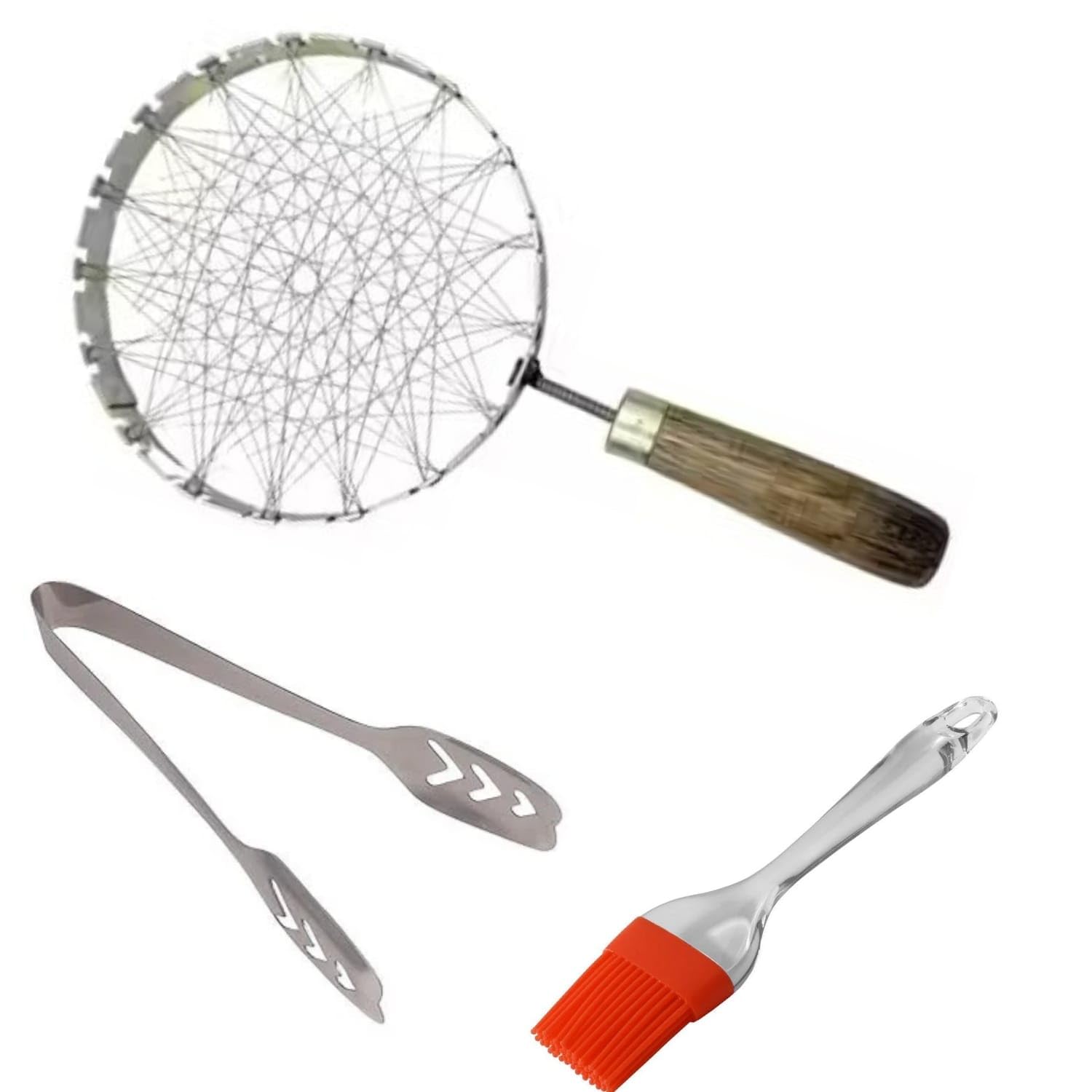 CRYZONE Chotta Tandoor LPG Gas Saver Jali with Wooden Handle for Roasting Papads, Kebabs, Corn, Paneer, Includes Tong and Oil Brush, Pack of 3, Multicolor-image-48