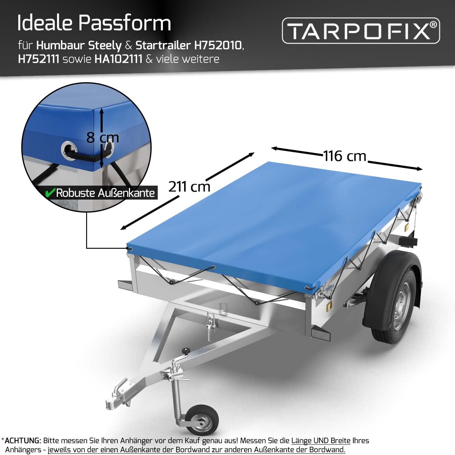 Tarpofix® Bâche Protection Plate 211 x 116 x 8 cm avec Corde de bâche - Bâche de remorque renforcée en PVC - Bache pour remorque Divers modèles de remorques de Voitures de 750kg