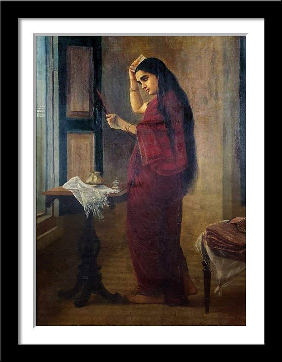 Tallenge - Lady With Comb - Raja Ravi Varma Painting - Small Framed Poster(Paper,12 X 9� inches, MultiColour)