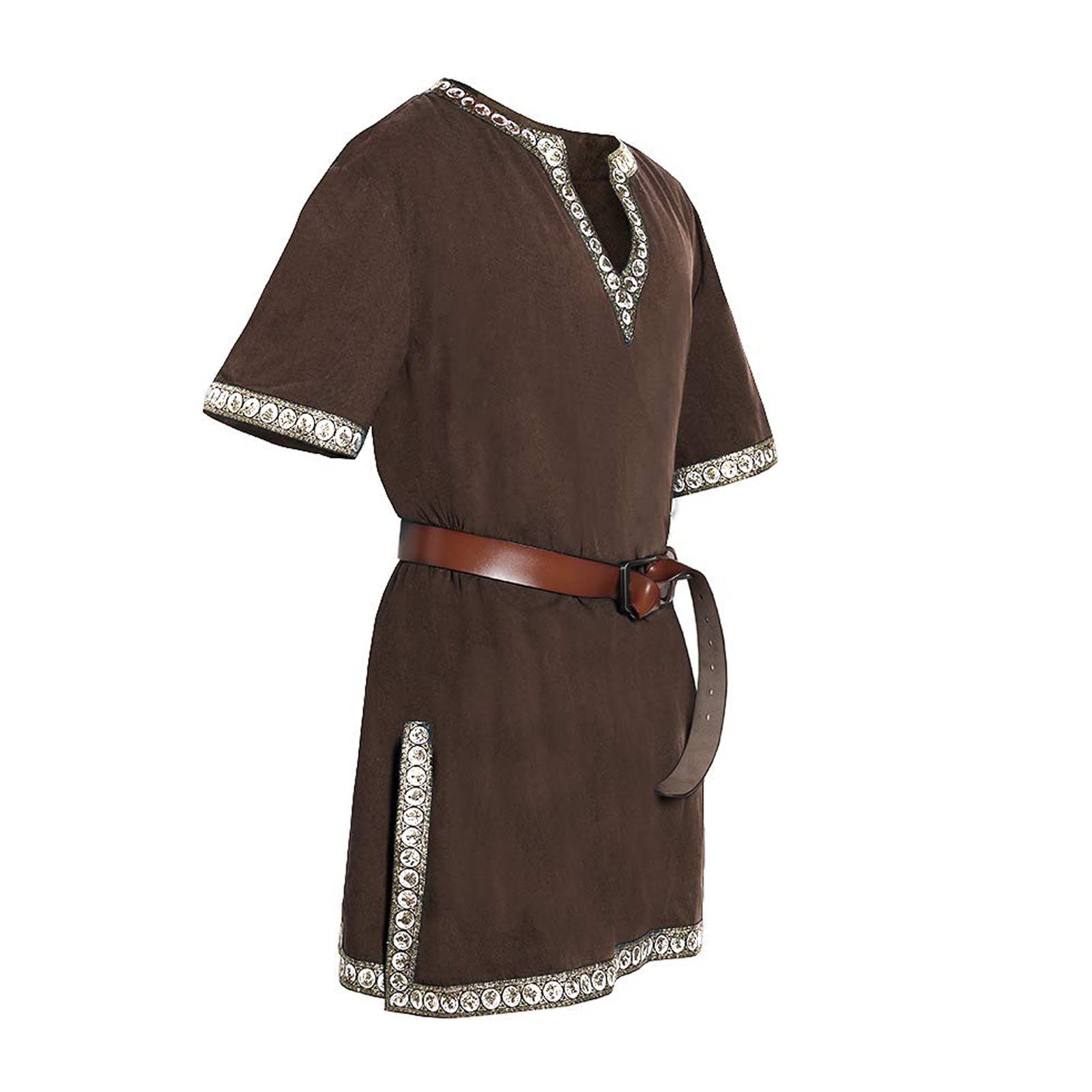 Duohropke Viking Shirt Men's Linen 6XL Medieval Shirt Short Sleeve Viking Tunic 4XL Long Medieval Tunic Short Sleeve Summer Tunic Medieval Costume, coffee, M — image 1