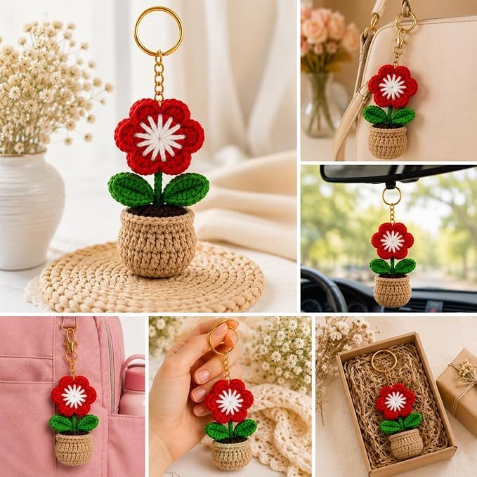 Image of Handmade Crochet Keychain Combo for Girls Women Cute Aesthetic Sunflower Strawberry Watermelon Daisy Knitted Keychain Bag Charm Purse Charm Car Key Ring Backpack Accessories Gift