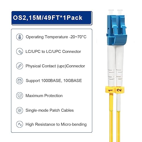 Vista 23 de Cable de conexión de fibra de 10M/33 pies OS2 LC a LC. Opciones de longitud: 0.7 pies-984.3 pies (0.2m-300m), 1G/10GB modo único dúplex LC-LC