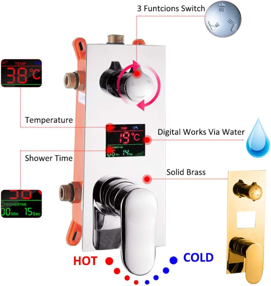 Chrome LCD Digital Shower Faucet Set Waterfall Rain Shower Head with Handheld Shower 3-Way Digital Display Mixer Tap Bath Shower