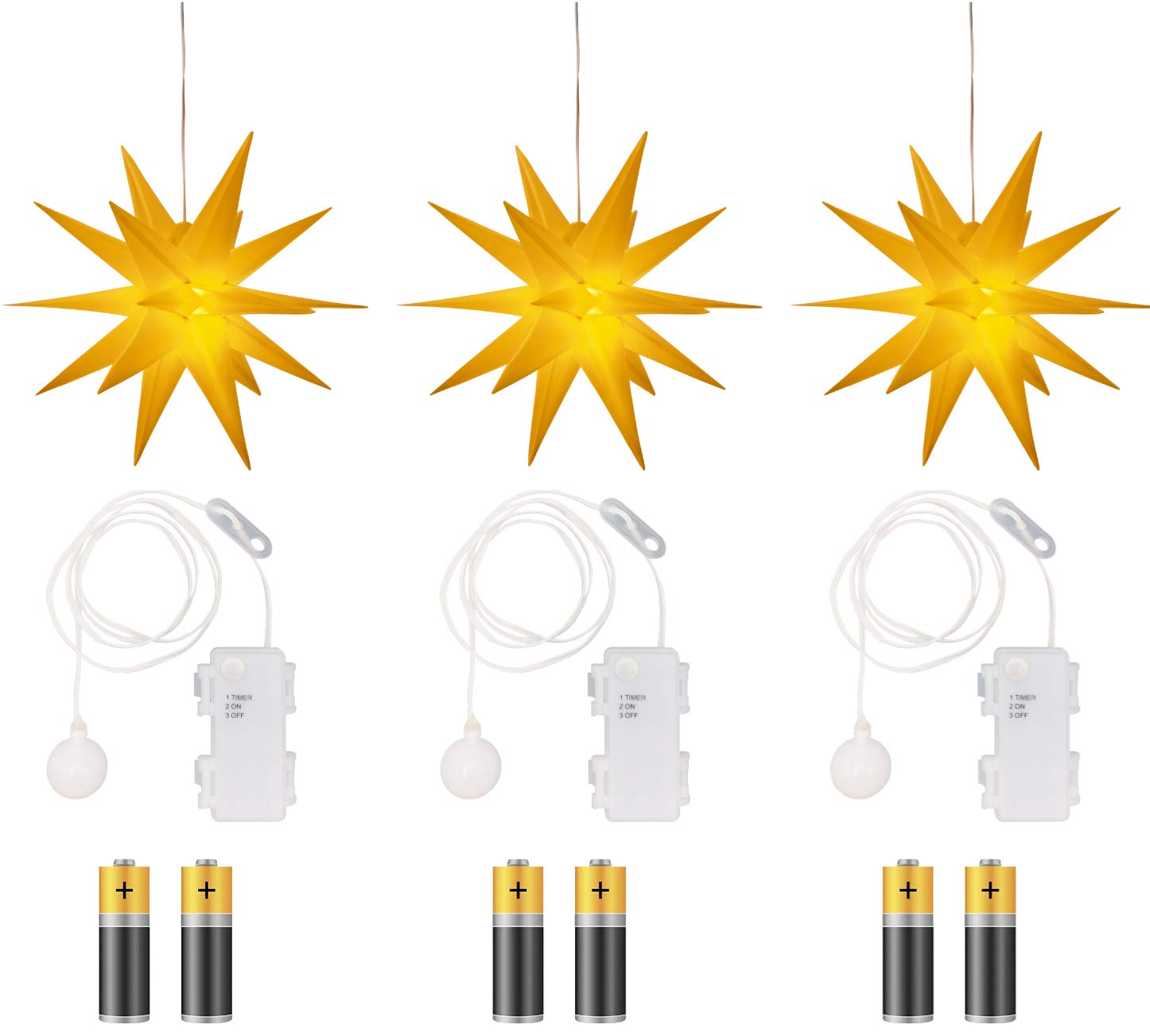 Lot de 3 étoiles lumineuses 3D Ø 25 cm – Étoile de Noël avec éclairage blanc chaud, convient pour l'intérieur et l'extérieur, suspendue, câble d'alimentation de 100 cm, fonctionnement à piles (jaune)