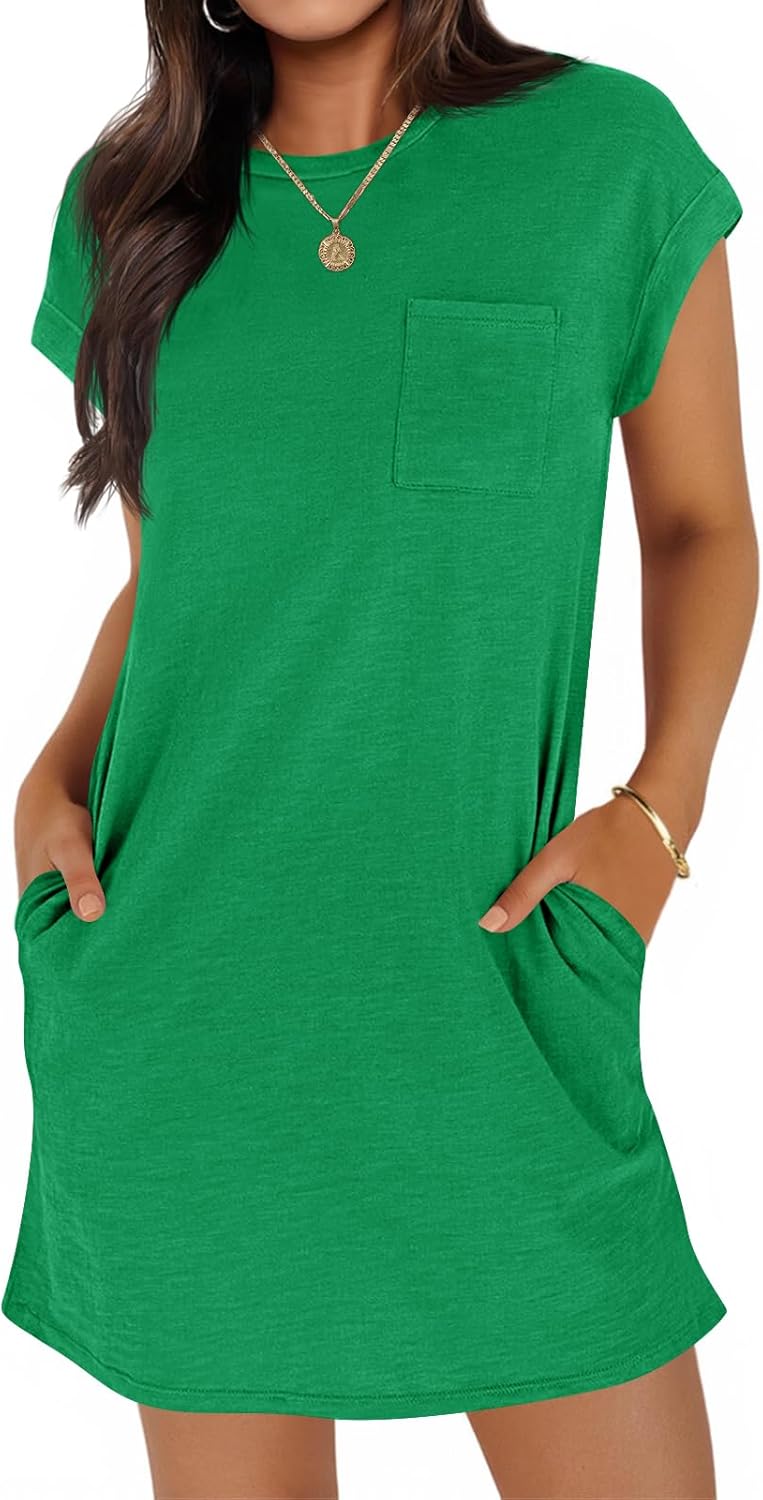Wenrine Women's Summer T Shirt Dress Casual Short Sleeve Crewneck Loose Fit Mini Dresses with Pockets