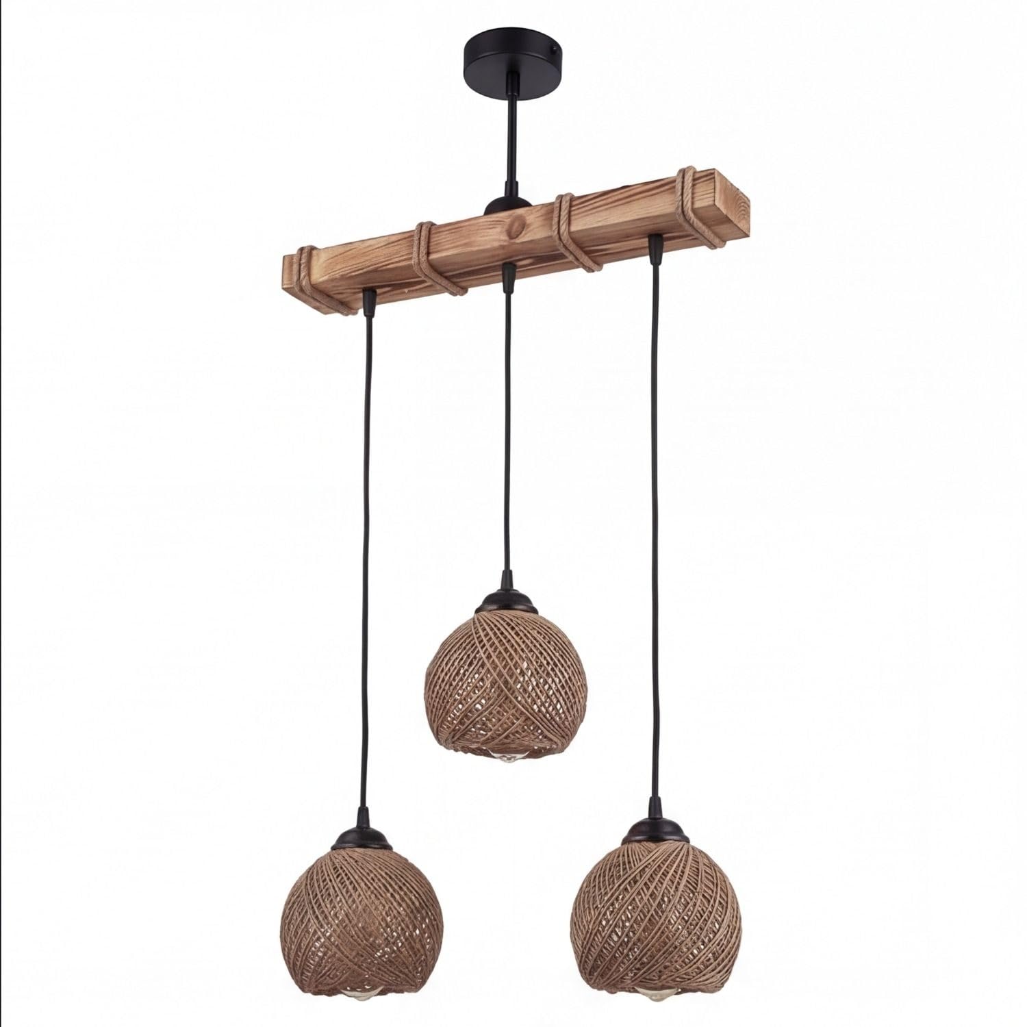 Licht-Erlebnisse Hängelampe Balken 49 cm breit H: max. 110 cm geflammtes Holz Balken Jute E27 3-flammig Modern Pendelleuchte Esszimmer Wohnzimmer