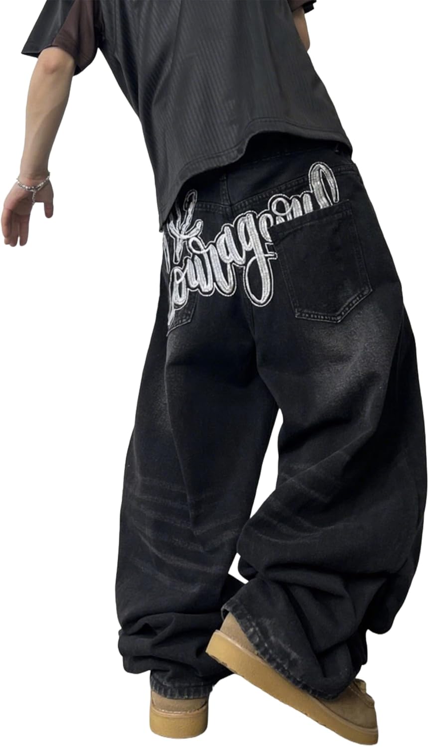 Men's Super Baggy Jeans Wide Leg Denim Pants with Embroidered Pattern Y2k Streetwear