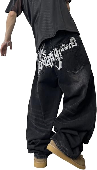Mens Baggy Jeans Embroidery Pattern Denim Trousers Wide Leg Denim Pant Loose Fit Skater Jeans Streetwear Clothing