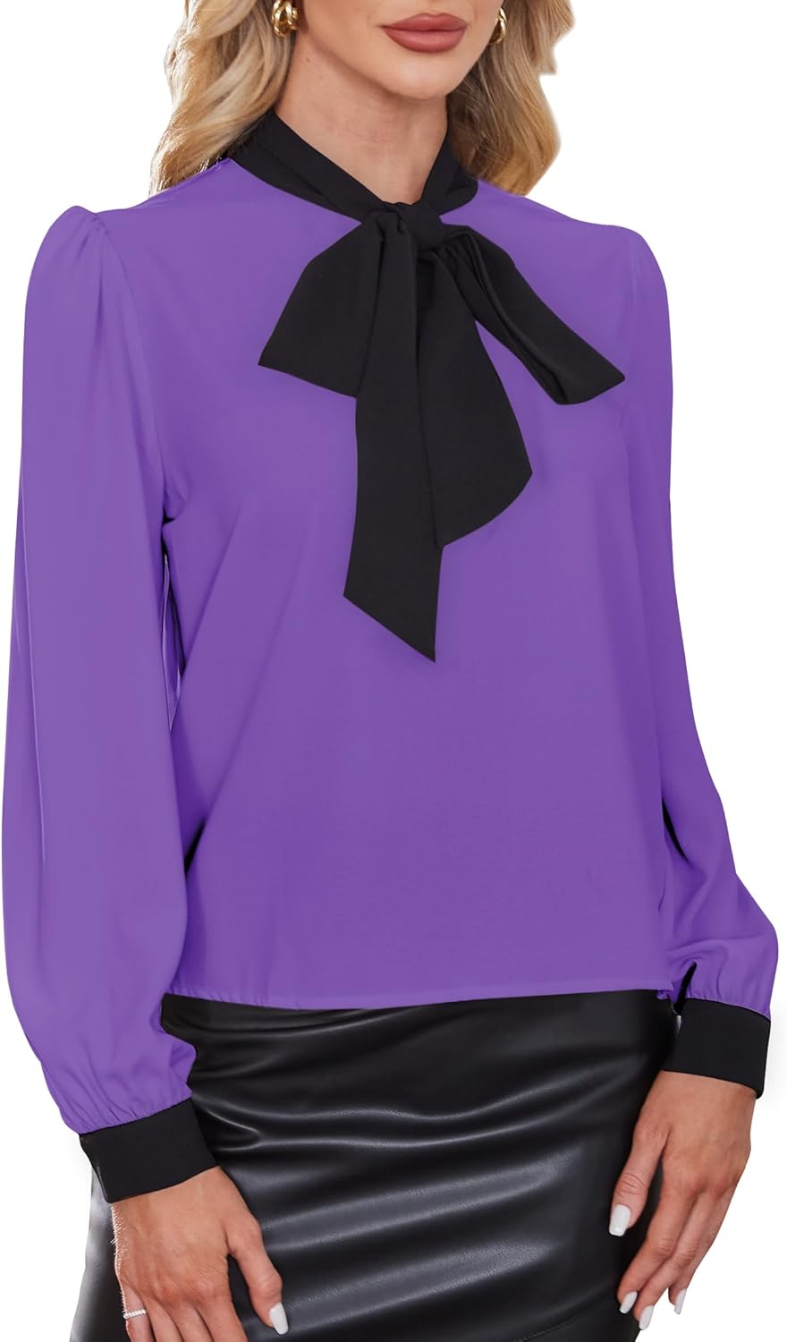 Avanova Women Tie Neck Bishop Long Sleeve Shirts Casual Work Blouses Tops - Image 7