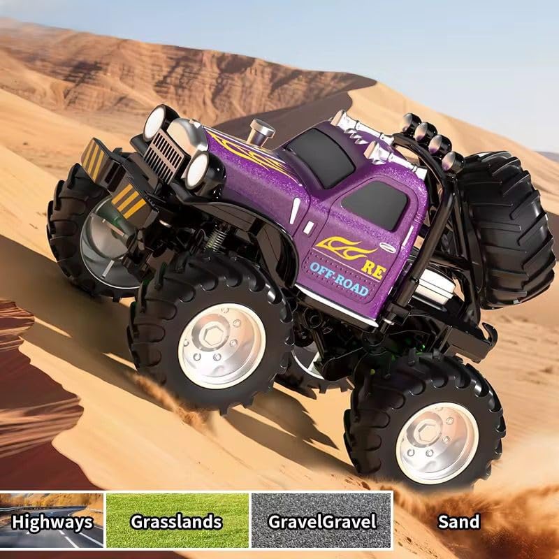 TIUDTOY Mini RC Monster Off-Road Car – 1:54 Scale Remote Control Truck with Big Tyres, Shock Absorbers & LED Lighting | Strong Alloy Body Toy for Kids 3