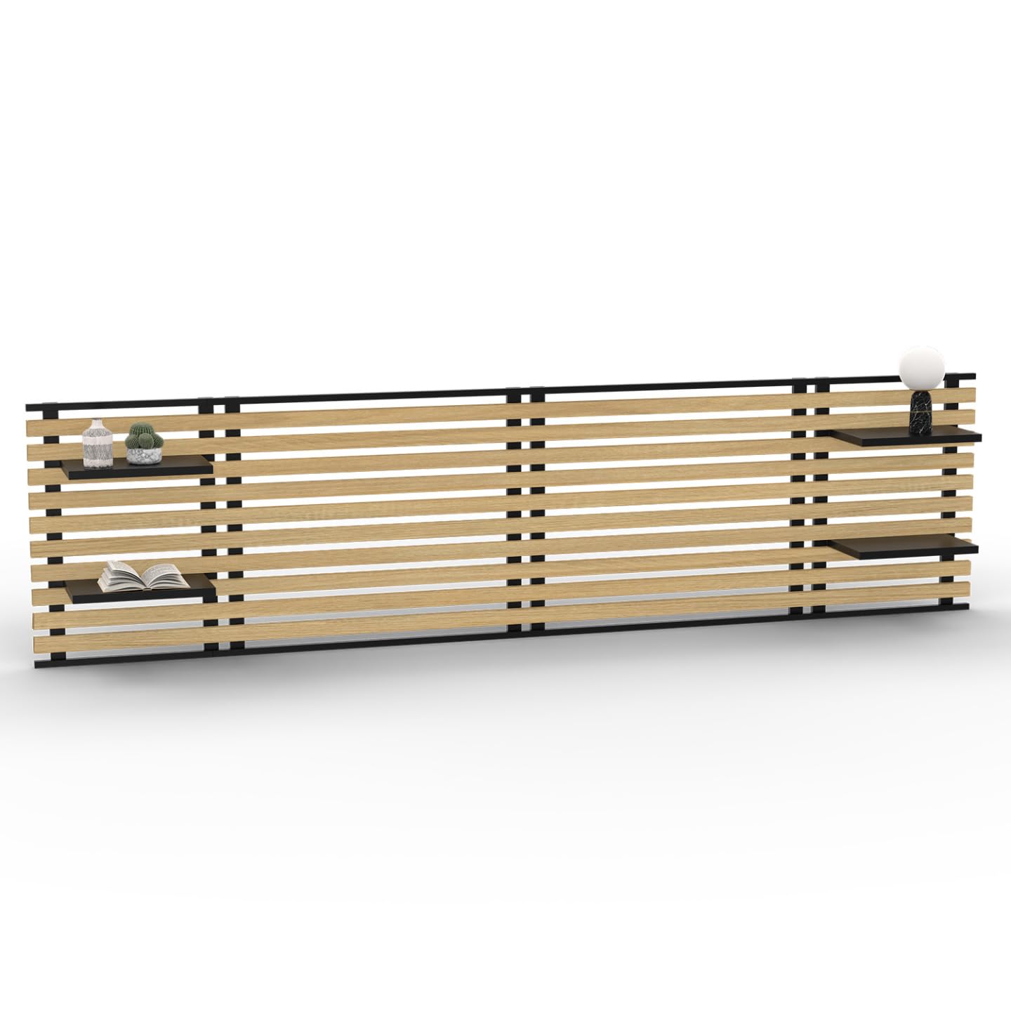 IDMarket – Cabecero colgante de lamas Detroit 240 cm, madera y metal, color negro con estantes, diseño industrial