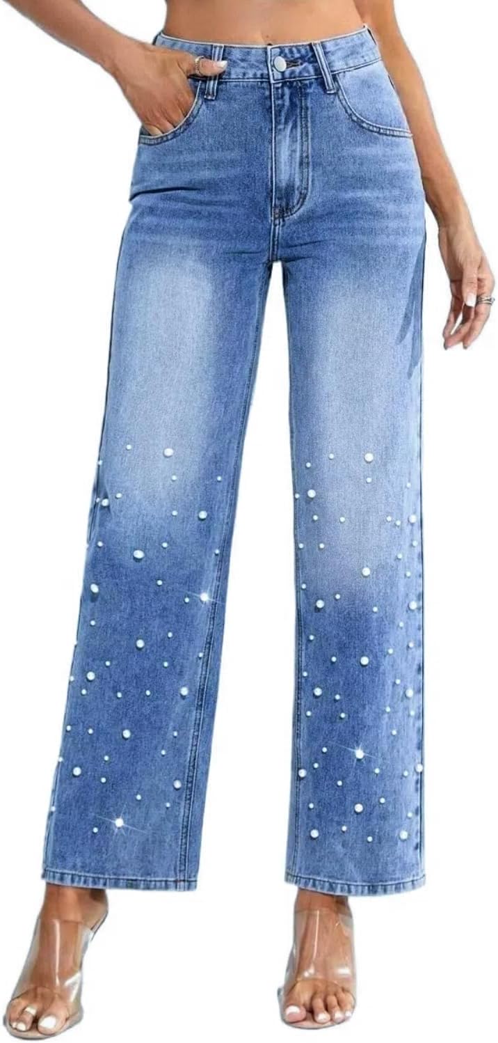 Pearl Jeans for Women High Waisted Straight Wide Leg Denim Pants Casual Baggy Boyfriend Trousers