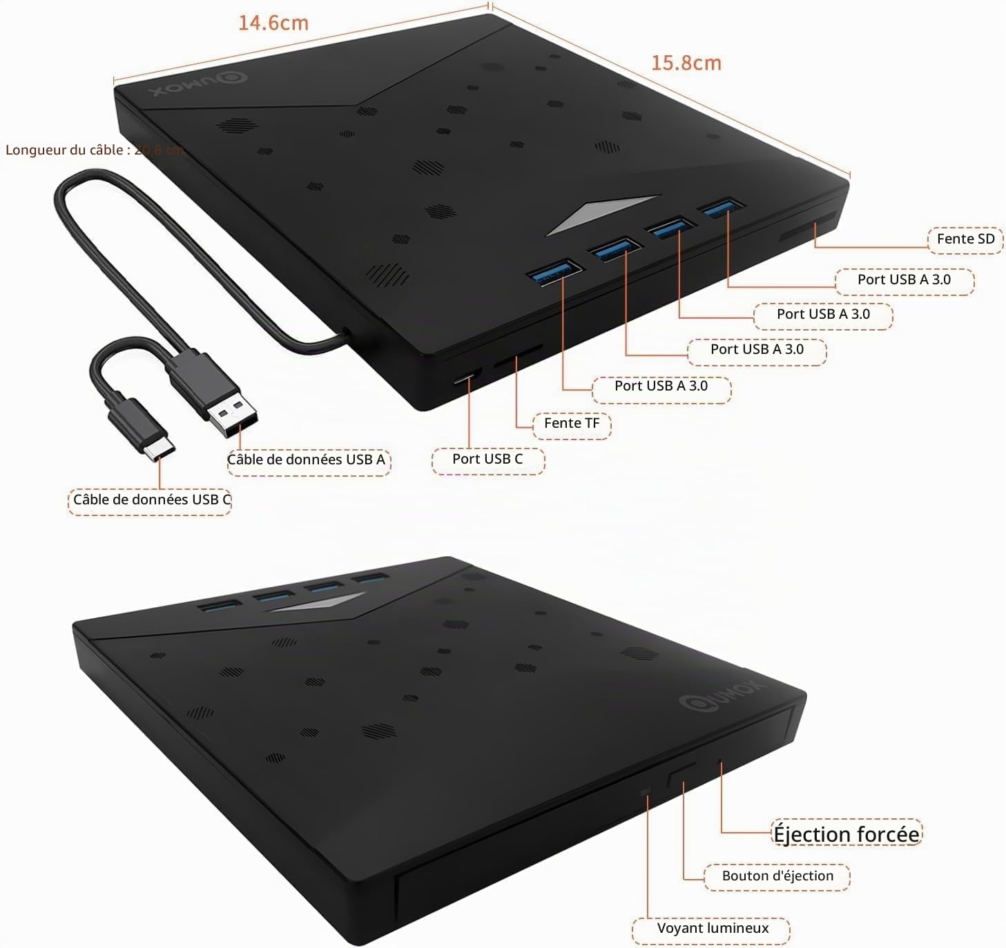 Qumox Graveur DVD CD Externe, Lecteur CD DVD Externe, USB 3.0 Avec 4 Ports USB Et 2 Lecteurs De Cartes TF/SD, Unité CD/DVD Externe Ultra Fine Pour Ordinateur Portable Mac,PC Windows 11/10/8/7 Linux OS