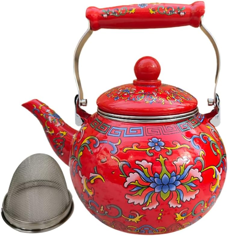 DOITOOL Hervidor de té esmaltado de cerámica de 2.2 litros, tetera grande de porcelana esmaltada, tetera floral para estufa, hervidor de agua