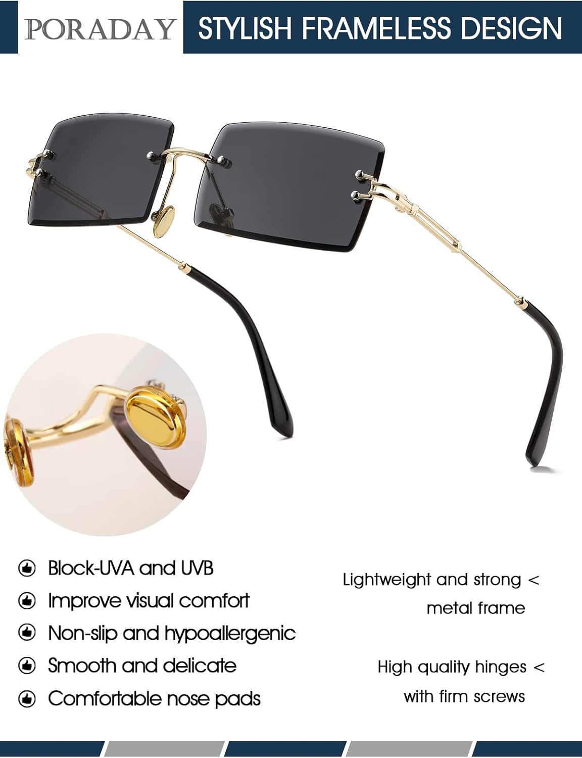PORADAY Rectangle Sunglasses for Women Men Vintage Rimless Square Sun Glasses Candy Color - Image 6