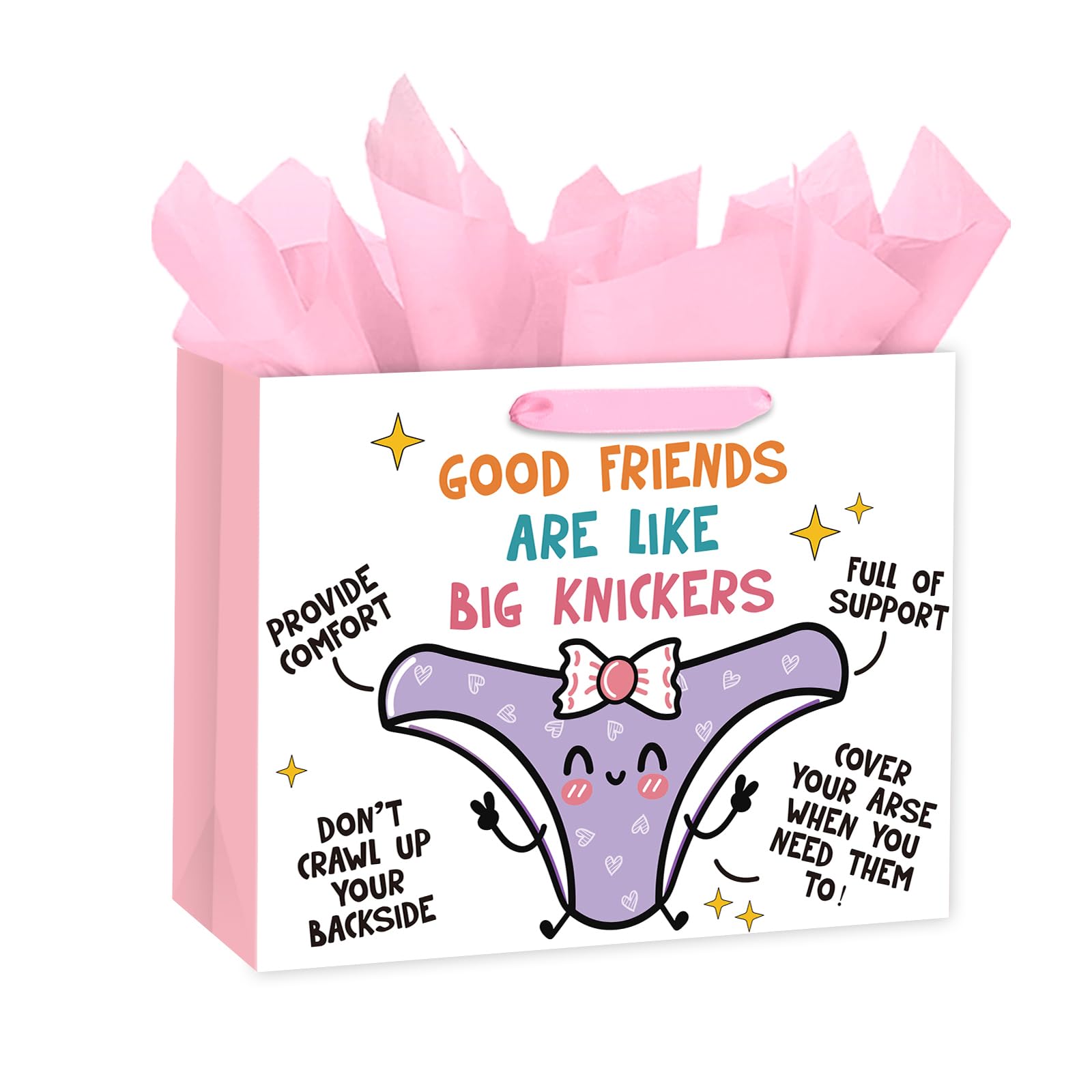 Loveinside 13" Large Funny Friendship Gift Bag, Good Friends Are Like Big Knickers Cute Cartoon Gift Bag with Tissue Paper for Best Friends, Women, Birthday, Galentine's Day, 13" x 5" x 10", 1 Pcs