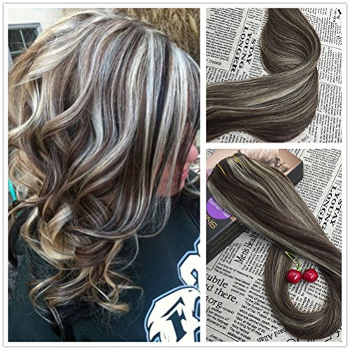 Moresoo 24 inch Clip In Hair Extensions Two Tone Color Dark Brown and Light Blonde Highlights 100% Straight Remy Human Hair Full Head 120 Grams