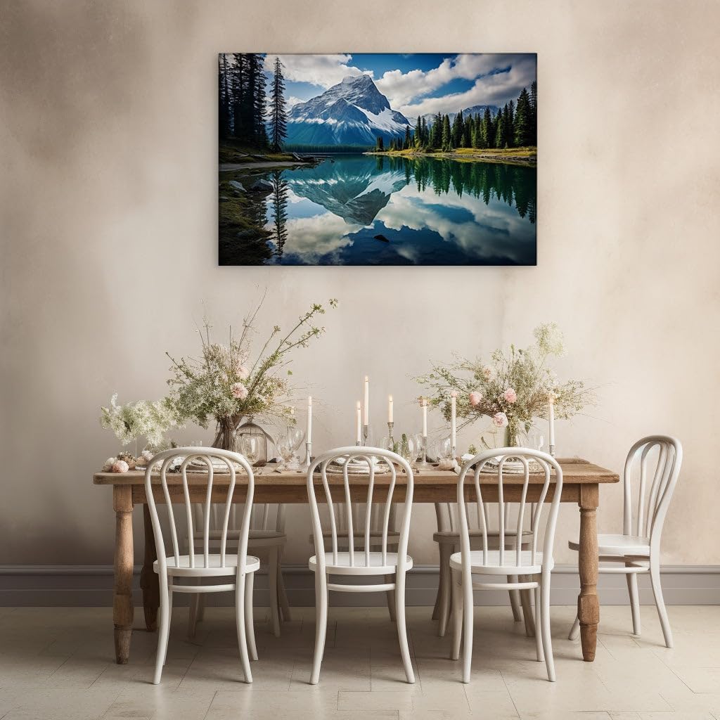 Canvas for Living room. Mirror of Serenity: A Pristine Lake Reflects the Majesty of Snow-Capped Splendor, 27 x 18 inch Canvas Wall Art - Contemporary Masterpieces - Modern Home Decor
