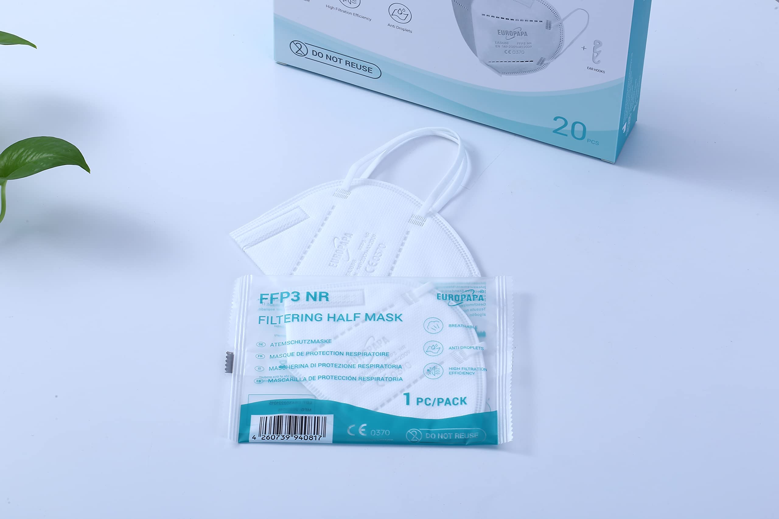 EUROPAPA® 20x Masques Blancs FFP3 Masque Respiratoire Masques Anti-PoussiÈRe 5 Couches EmballÉS HygiÉNiquement Individuellement Corps CertifiÉ EN149:2001+A1:2009 Masque Facial EU2016/425