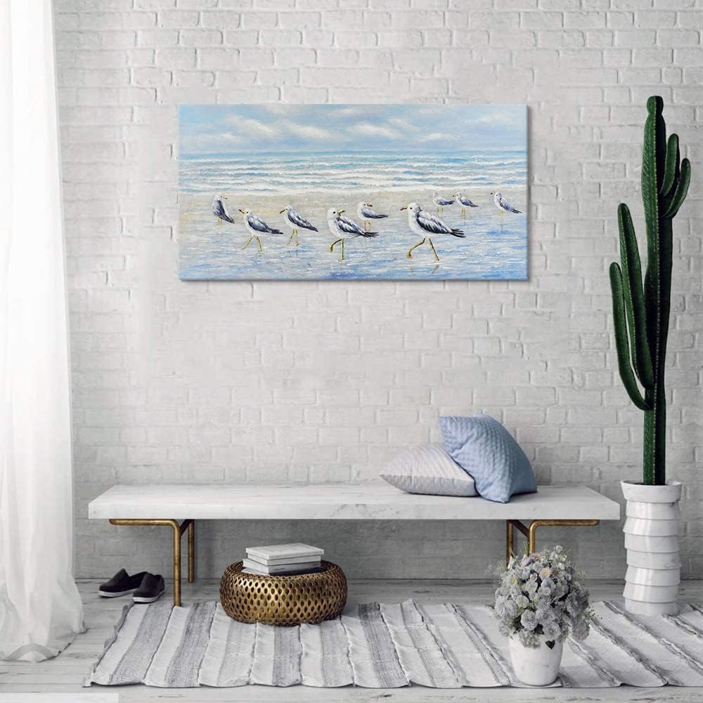 Seaside Pictures Ocean Beach Theme Wall Art Sea Birds by The Sea Shore Decor Seagull Oil Painting Canvas Artwork Gallery Wrapped for Living Room Bedroom Bathroom Easy to Hang