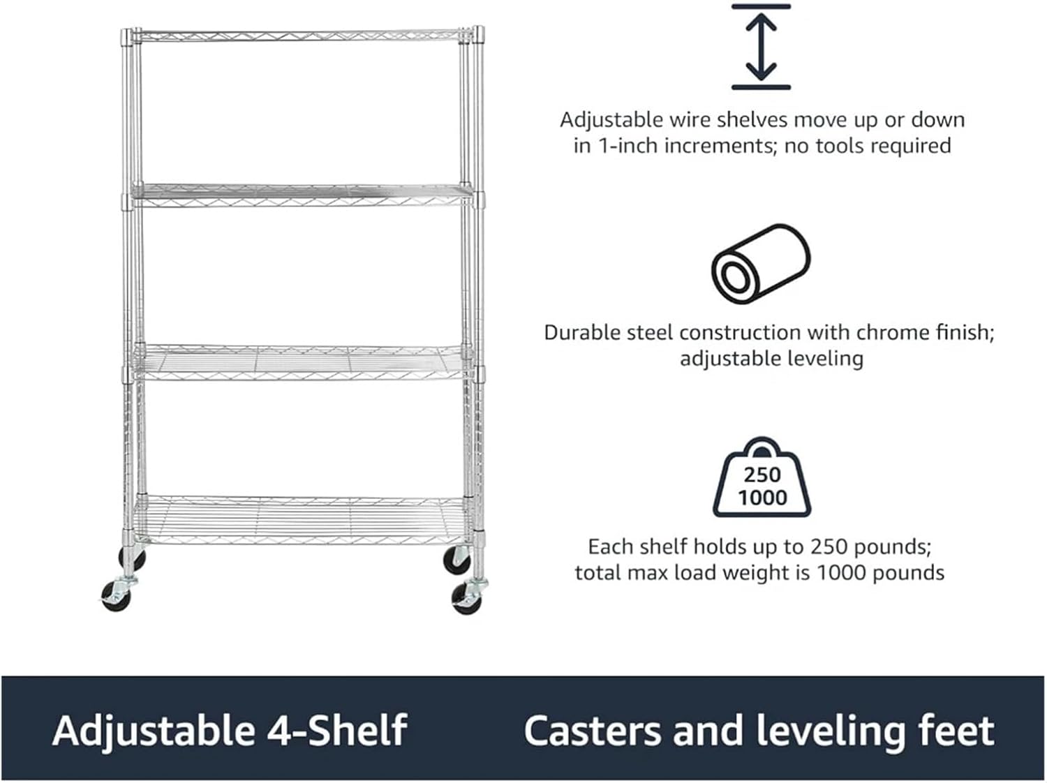 Storage Trolley 4-Shelf Adjustable Kitchen Island & Trolley, 3'' Wheel Casters, Metal Organizer Wire Rack, Chrome Shelving Organizer
