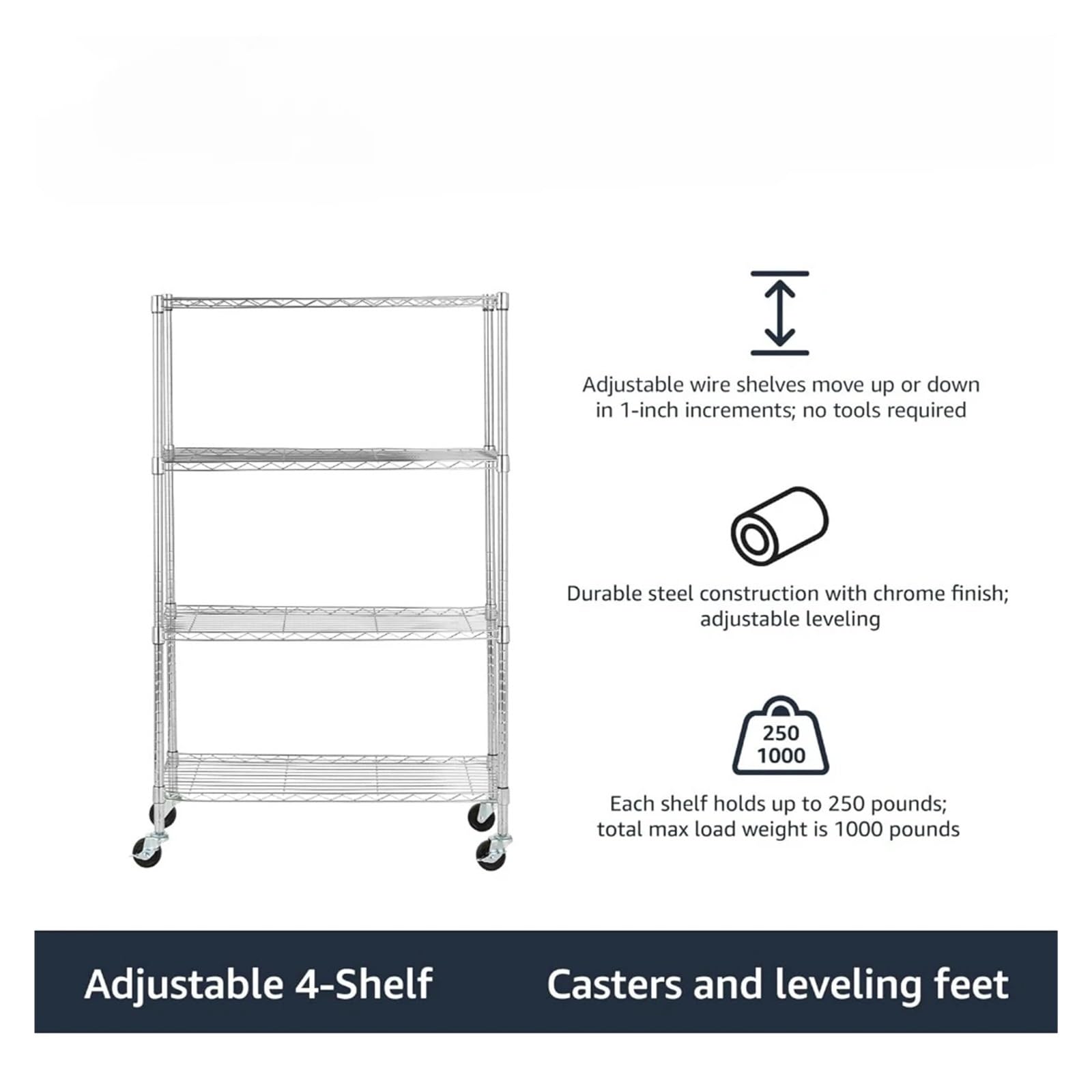 Chariot de Rangement Isla de Cocina Ajustable con 4 estantes y Carrito, Ruedas de 3'', Estante de Alambre Organizador de Metal, Cromado Chariot de Rangement
