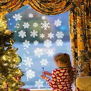 LOKIPA 48 Silver Glitter Snowflake Window Clings Static Snow Flakes PVC Stickers for Christmas Window Display