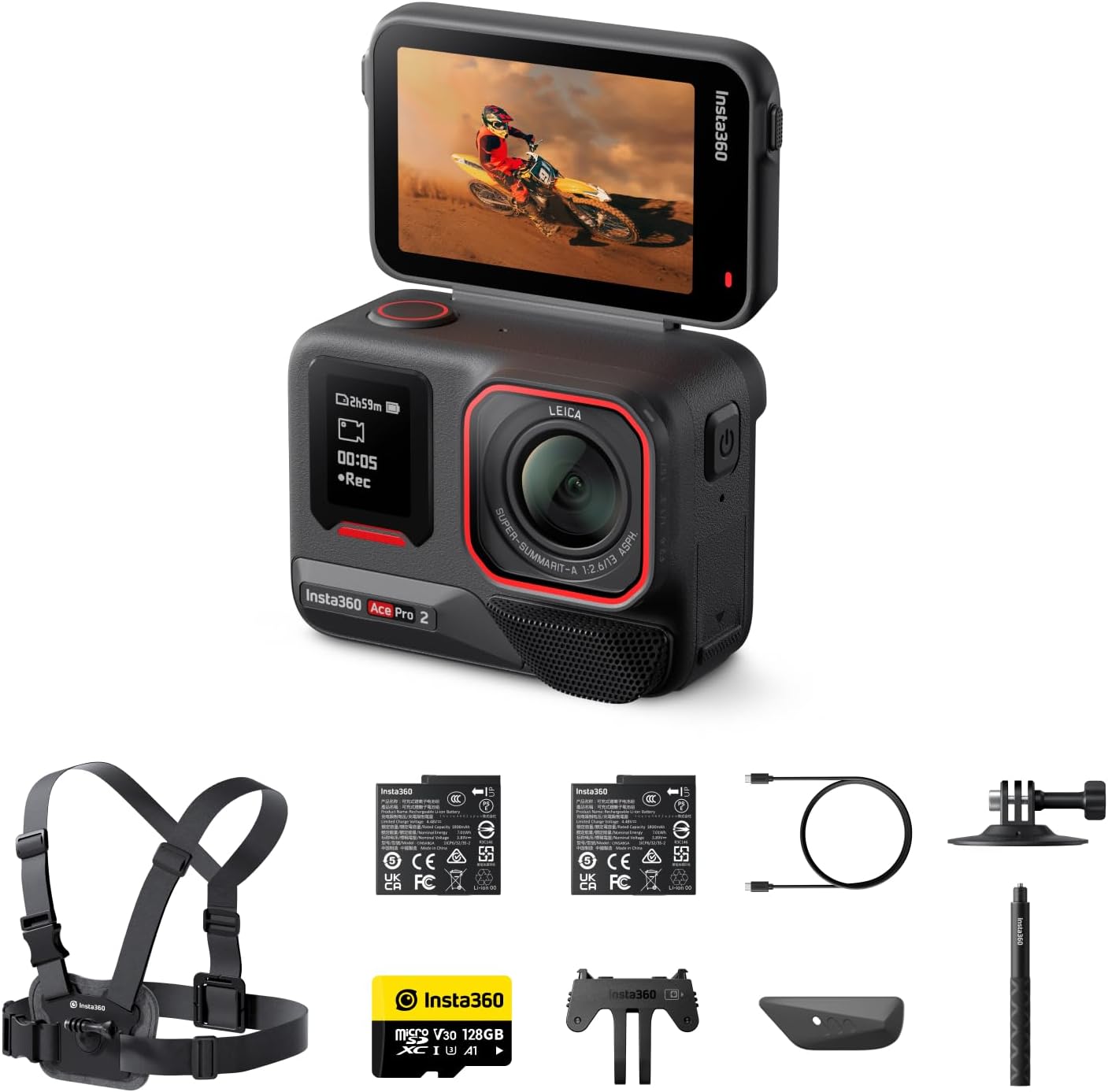 Insta360 Ace Pro 2 Pack Sci - Action Cam Impermeabile in 8K co-ingegnerizzata con Leica, sensore 1/1.3", doppio chip IA, superba in bassa luce, audio superiore.