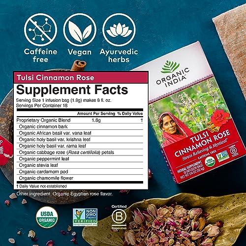 Image of ORGANIC INDIA Tulsi Cinnamon Rose Tea Bags - Tulsi Rose, Cinnamon with Holy Basil, Chamomile, Stevia, USDA Certified Organic Caffeine Free Herbal Tea - 18 Infusion Bags, 1 Pack