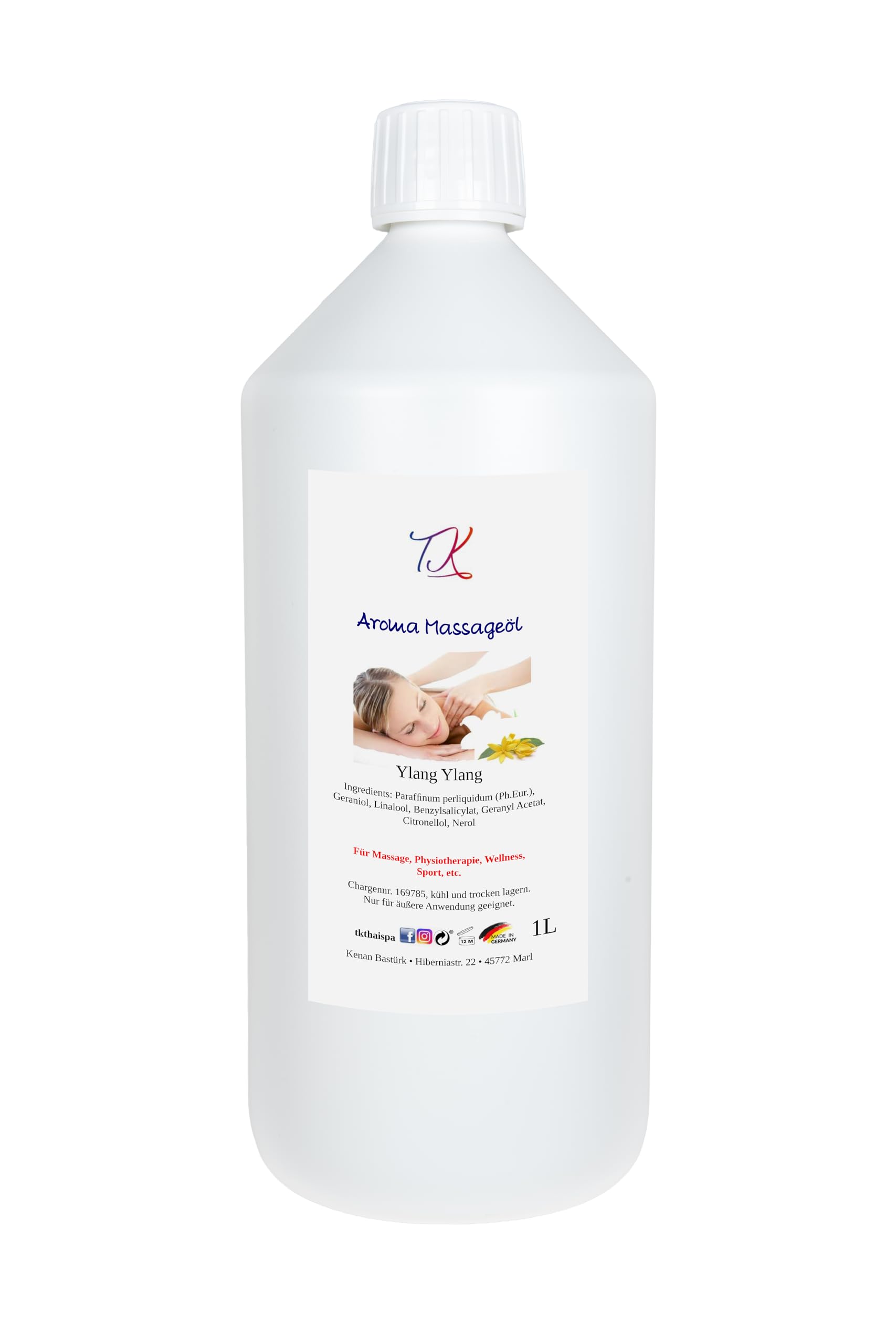 Aceite de masaje aromático para masajes, fisioterapia, bienestar y mucho más, grado medicinal (1l, Ylang Ylang)