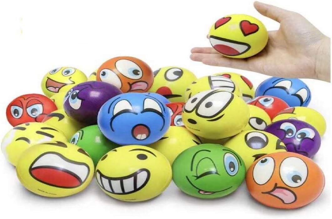 2.5 Inches Emoji Stress Balls, 24 Funny Face Squeeze and Bouncy Balls Bulk, Soft Stress Relief Balls Toys for Kids Emoji Party Favor, Goodie Bag Fillers, Office Props for Adults Relax