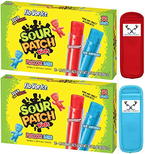 Sour Patch Kids Fla-Vor-Ice Freezer Pops Bundle. Includes 2/20ct boxes of Freezer Pops plus Two Carefree Caribou Neoprene Freezer Pop Sleeves. Forty (40) Freeze and Eat Sour Patch Kids Freezer Pops!