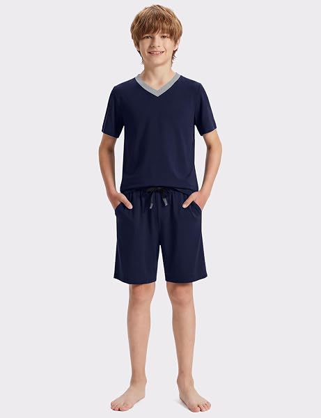 MoFiz - Pijama de niño de algodón con conjuntos de pijama corto, ropa de dormir con cuello en V, manga corta, pijama y pantalones cortos, 128 cm a 176 cm - 2