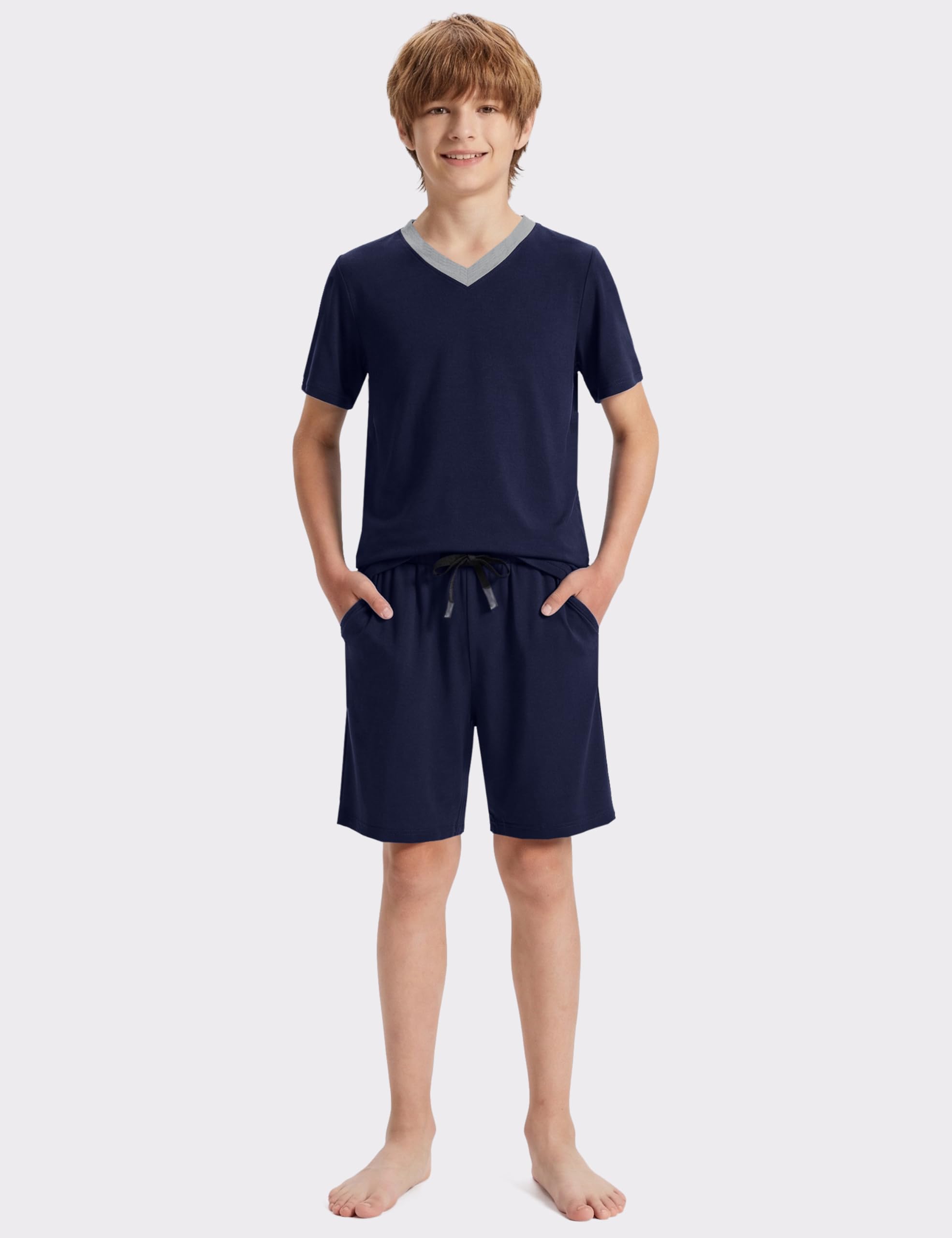 MoFiz - Pijama de niño de algodón con conjuntos de pijama corto, ropa de dormir con cuello en V, manga corta, pijama y pantalones cortos, 128 cm a 176 cm - 2