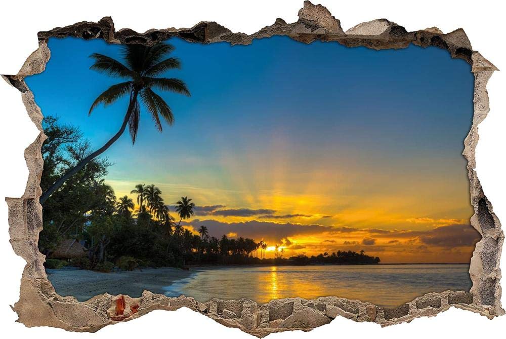 Pegatinas de Pared rotas 3D Palm Beach al atardecer calcomanías murales extraíbles decoración de Sala de Arte de Vinilo para Sala de Estar Dormitorio Cocina 70x110cm