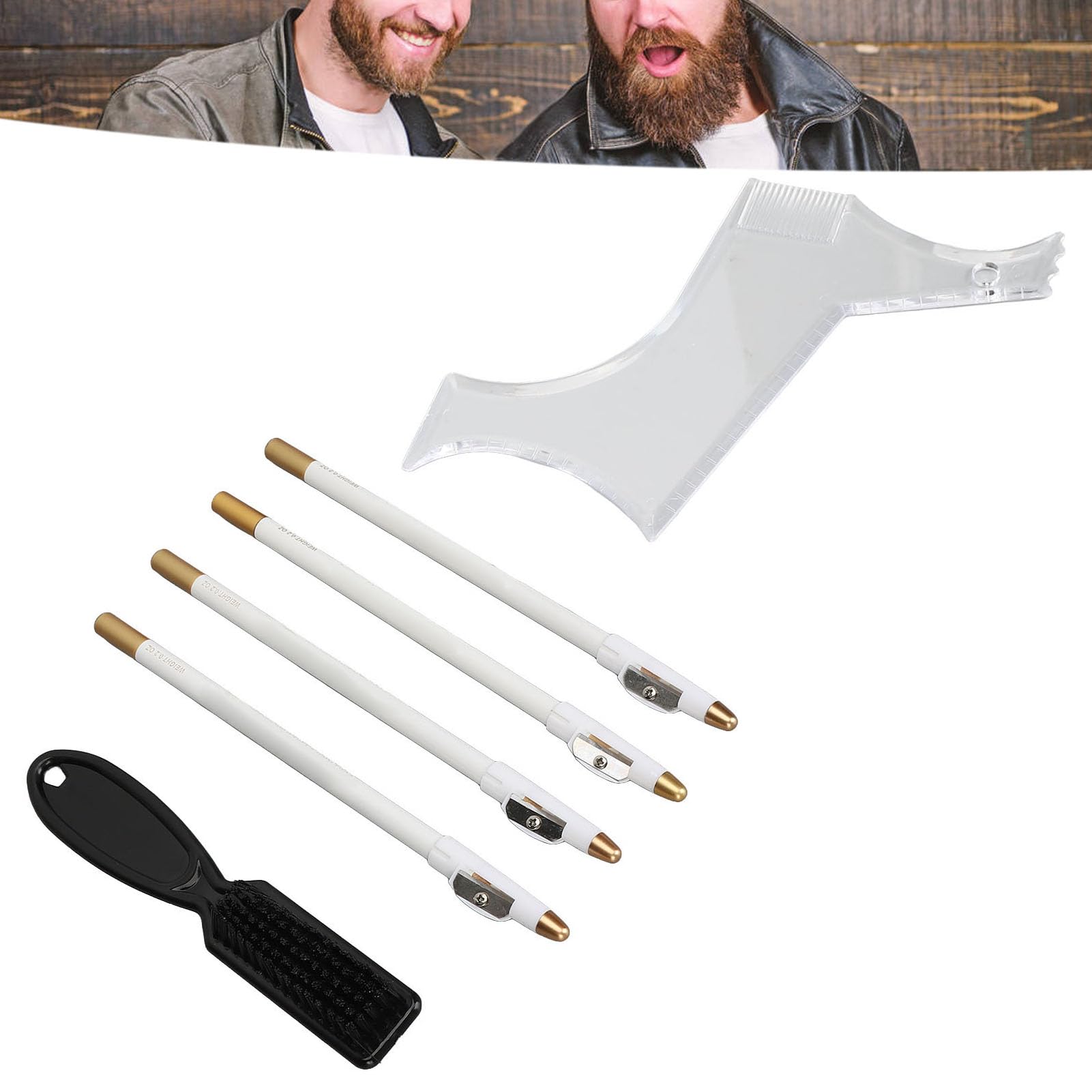 Beard Guide Stencil Template Kit, Beard Styling Trimming Tool Portable with 4pcs Barber Pencil Brush for Salon (White) - Image 2