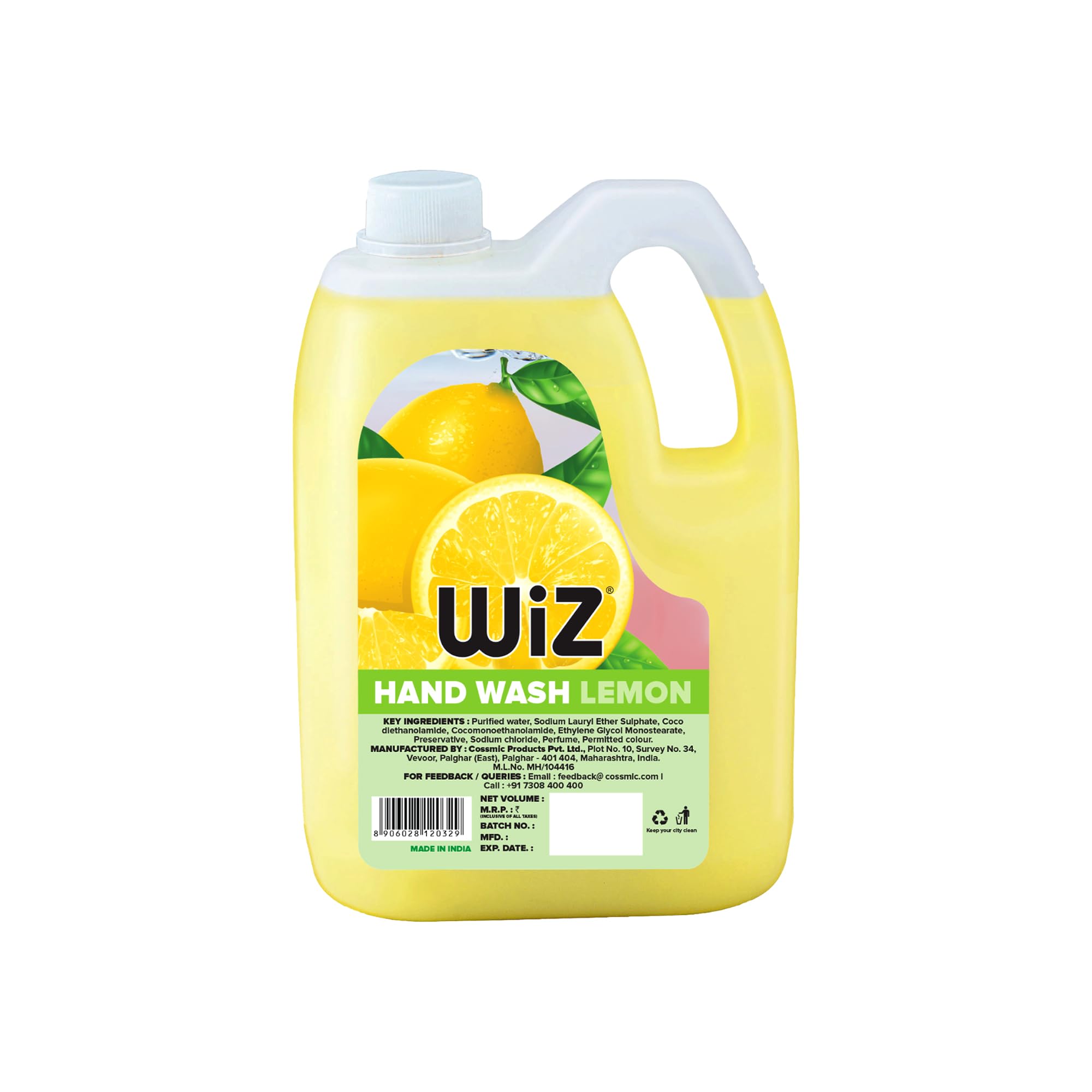 Wiz Lemon Handwash Liquid Soap Refill Can - 5L | Germ Protection | Hand Wash with Added pH-Balanced & Moisturizers for Soft & Gentle Hands | Suitable for all Skin Types