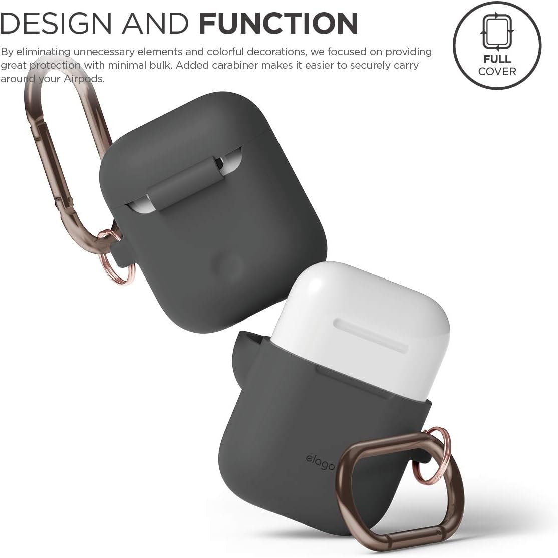 elago Silicone Case with Keychain Compatible with Apple AirPods Case 1 & 2, Front LED Visible, Supports Wireless Charging, Protective Silicone [Dark Grey]