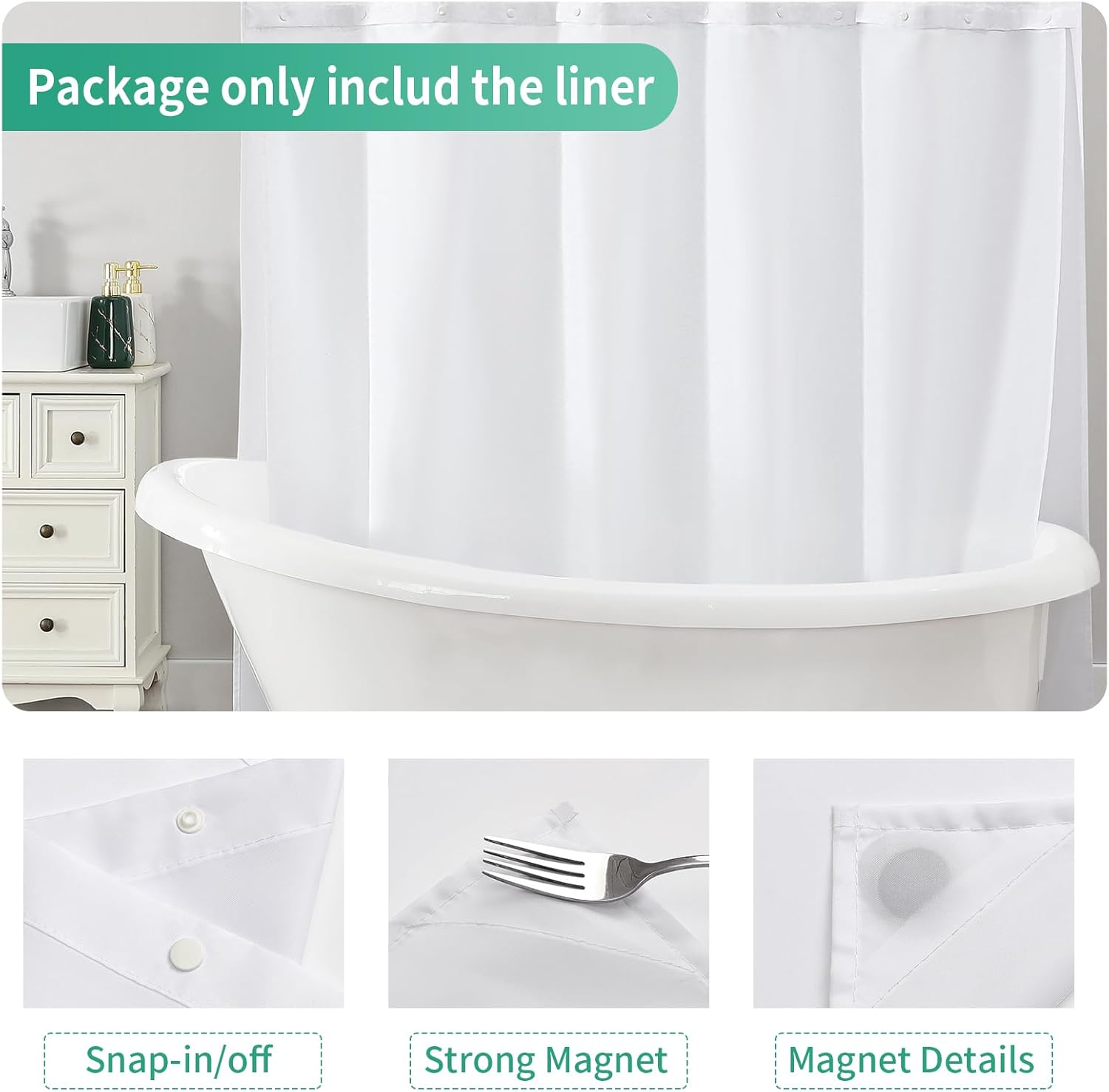 MitoVilla PEVA Snap in Shower Curtain Liner Replacement,No Hook Fabric Bathroom Shower Curtain Liner, Removable Water Repellent Liner for Contemporary Home Hotel Bathrooms​