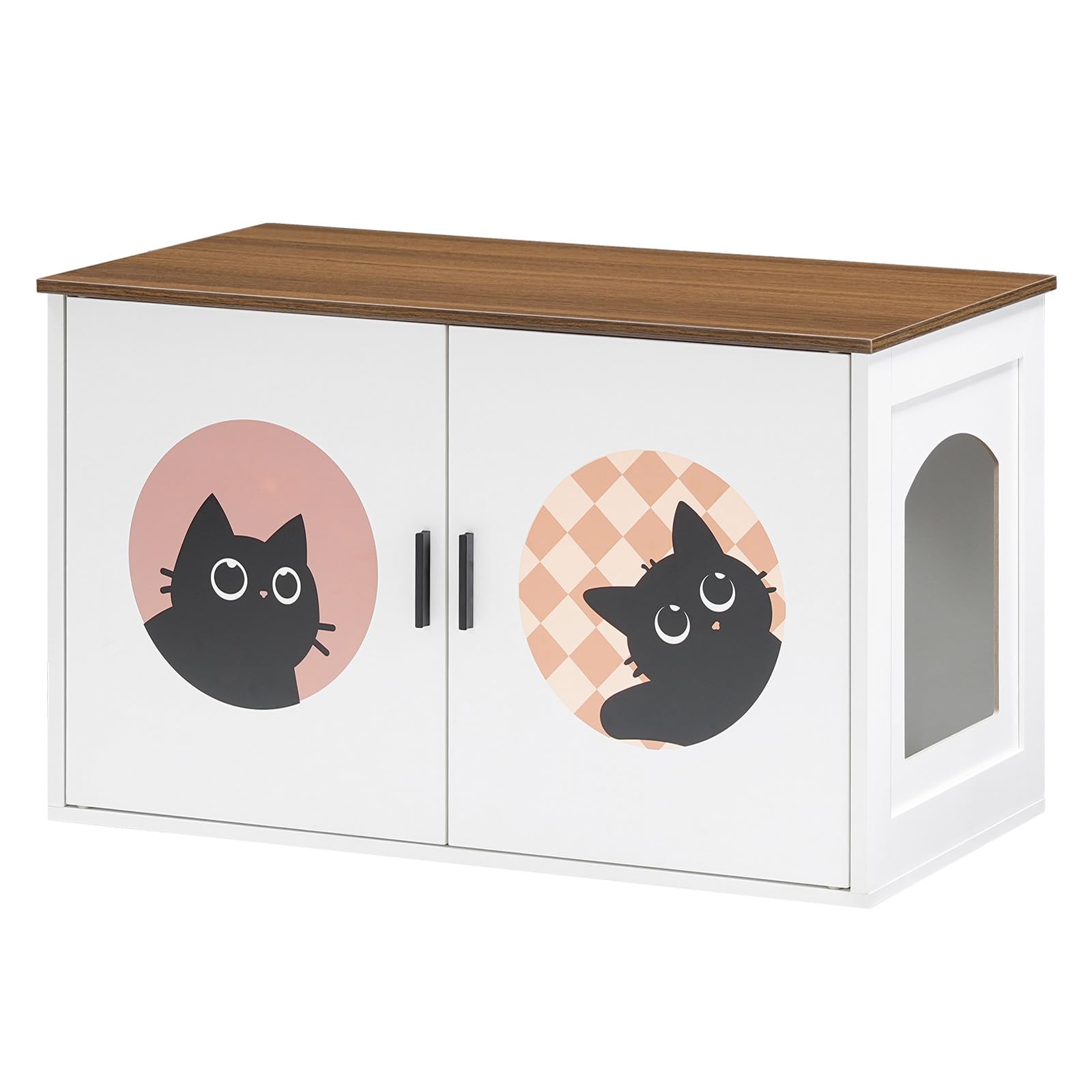 HOOBRO Hidden Litter Box Furniture, Large Cat Litter Box Enclosure Furniture, Wooden Litter Box Cabinet with Cute Cat Patterns & Arched Entrance, 31.3" L x 17.7" W x 17.3" H, White & Walnut